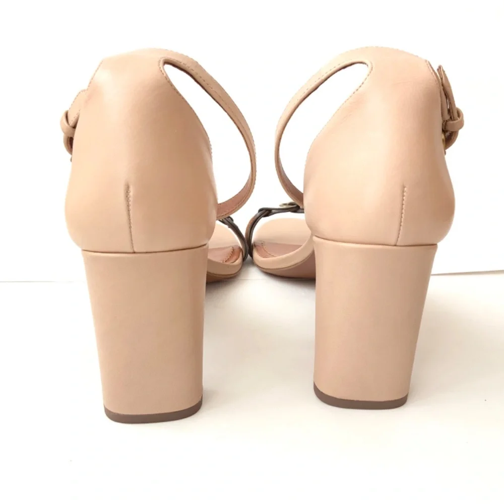 Coach Link Nude Beige Leather Block Heel Ankle Strap Sandals Dress Shoes 8.5